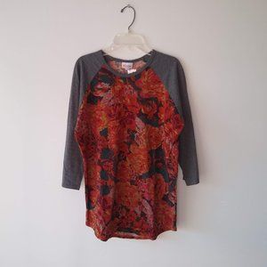 LuLaRoe Randy 3/4 Sleeve T-shirt Grey Red Orange Yellow Flowers Medium